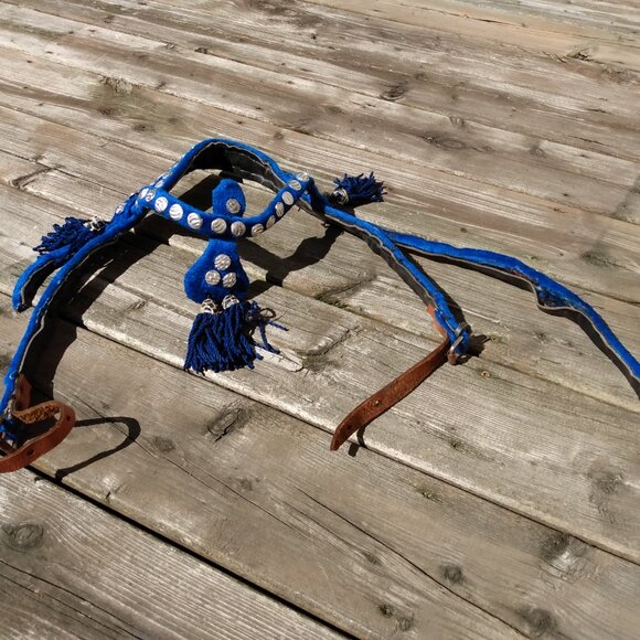 Vintage Horse Tack Bridle Headstall Breast Collar Blue Velvet Tassels - Picture 8 of 10